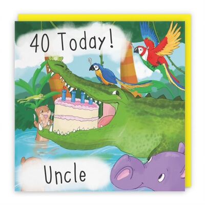 Hunts England Uncle 40th Crocodile Birthday Card - 40 Today! - Uncle - Humorous Crocodile Eating Cake - Jungle Collection