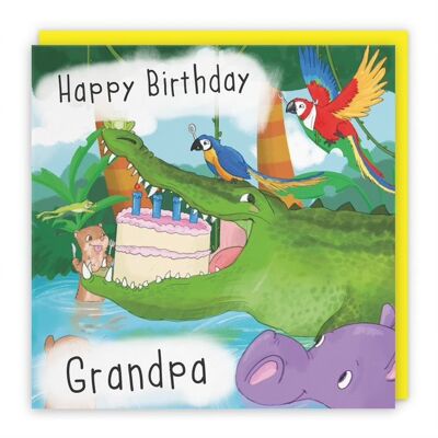 Hunts England Grandpa Crocodile Birthday Card - Happy Birthday - Grandpa - Humorous Crocodile Eating Cake - Jungle Collection