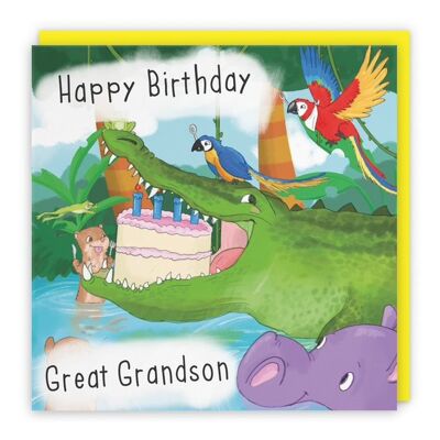 Hunts England Great Grandson Crocodile Children's Birthday Card - Happy Birthday - Great Grandson - Humorous Crocodile Eating Cake - Jungle Collection
