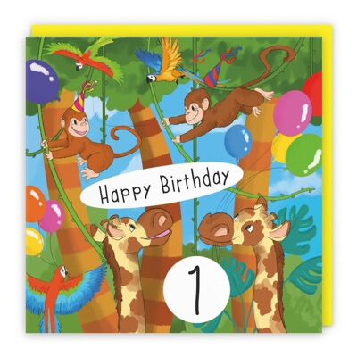Hunts England Monkey 1st Birthday Card - Happy Birthday - 1 - Boys / Girls - Monkeys, Giraffes & Parrots Kids Birthday Card - Jungle Collection
