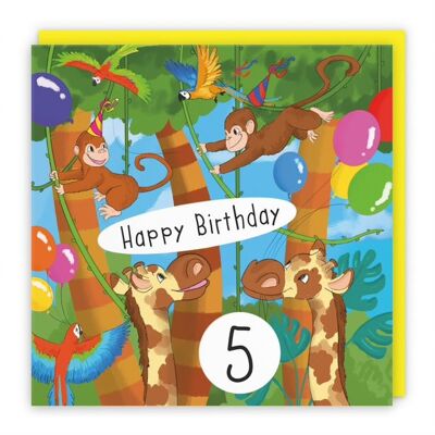 Hunts England Monkey 5th Birthday Card - Happy Birthday - 5 - Boys / Girls - Monkeys, Giraffes & Parrots Kids Birthday Card - Jungle Collection