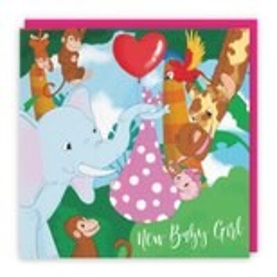 Hunts England New Baby Girl Congratulations Card - Cute Elephant Holding New Baby - Pink - For Mum To Be / Parents To Be - Newborn - Jungle Collection