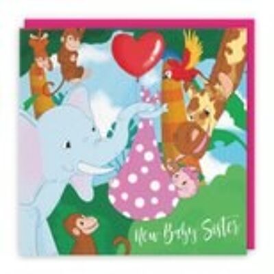 Hunts England New Baby Sister Congratulations Card - Newborn - Card From Brother / Sister - Elephant Holding New Baby - Pink - Jungle Collection
