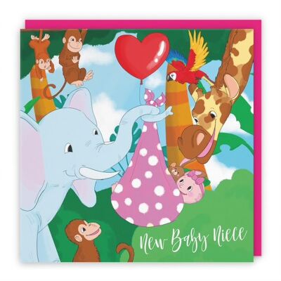 Hunts England New Baby Niece Cute Congratulations Card - Elephant Holding New Baby - Newborn - Pink - Jungle Collection