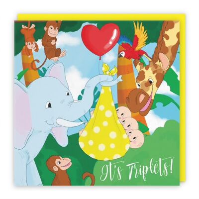 Hunts England New Baby Triplets Congratulations Card - It's Triplets - Elephant Holding New Baby Triplets - Cute New Baby Triplets Card - For Mum To Be / Parents To Be - Yellow - Jungle Collection