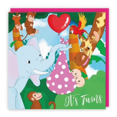 Hunts England New Baby Girl Twins Congratulations Card - It's Twins - Elephant Holding New Baby Twins - Cute New Baby Twins Card - For Mum To Be / Parents To Be - Two Girls - Jungle Collection