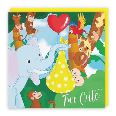 Hunts England New Baby Twins Congratulations Card - Two Cute - Elephant Holding New Baby Twins - Cute New Baby Twins Card - For Mum To Be / Parents To Be - Newborn - Boy / Girl - Jungle Collection