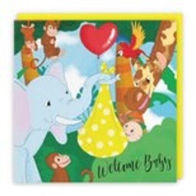 Hunts England Welcome Baby Congratulations Card - Cute Elephant Holding New Baby - Yellow - For Mum To Be / Parents To Be - Newborn - Boy / Girl - Jungle Collection