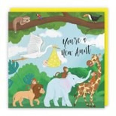 Hunts England New Aunt Congratulations New Baby Card - Stork Holding New Baby Card - Yellow - You're A New Aunt - Boy / Girl - New Niece / Nephew Card - Jungle Collection
