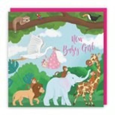 Hunts England New Baby Girl Congratulations Card - Stork Holding New Baby - Pink - For Mum To Be / Parents To Be - Newborn - Jungle Collection