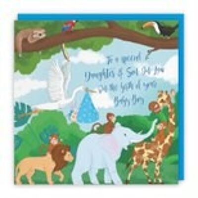 Hunts England Daughter And Son In Law New Baby Boy Congratulations Card - To A Special Daughter & Son In Law On The Birth Of Your Baby Boy - Blue - Stork Holding New Baby - Jungle Collection