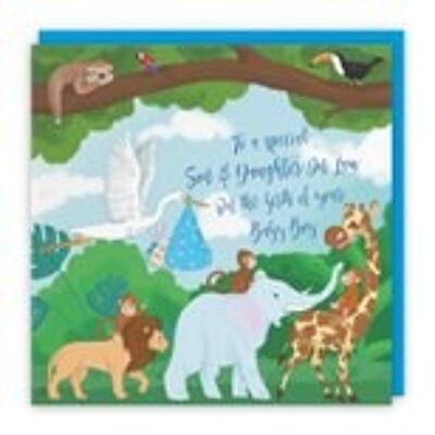 Hunts England Son And Daughter In Law New Baby Boy Congratulations Card - To A Special Son & Daughter In Law On The Birth Of Your Baby Boy - Blue - Stork Holding New Baby - Jungle Collection