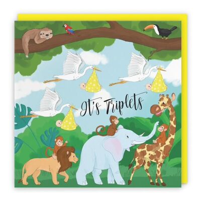 Hunts England New Baby Triplets Congratulations Card - It's Triplets - Stork Holding New Baby Triplets - Cute New Baby Triplets Card - Newborn - Yellow - Jungle Collection