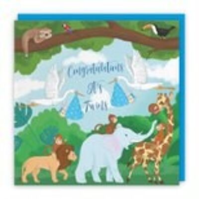 Hunts England New Baby Boy Twins Congratulations Card - Congratulations - It's Twins - Stork Holding New Baby Twins - For Mum To Be / Parents To Be - Newborn - Two Boys - Blue - Jungle Collection