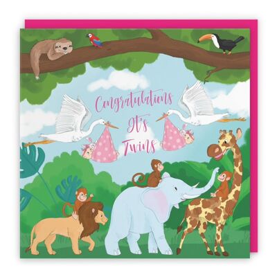 Hunts England New Baby Girl Twins Congratulations Card - Congratulations - It's Twins - Cute New Baby Twins Card - For Mum To Be / Parents To Be - Newborn - Two Girls - Pink - Jungle Collection