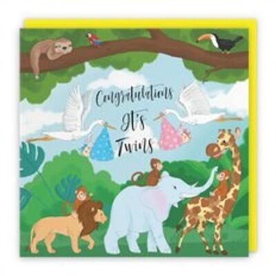 Hunts England New Baby Boy / Girl Twins Congratulations Card - It's Twins - Congratulations - Stork Holding New Baby Twins - Cute New Baby Twins Card - Newborn - Boy / Girl - Yellow - Jungle