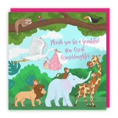 Hunts England New Baby Great Granddaughter Cute Thank You Card - Thank You For A Beautiful New Great Granddaughter - Newborn - From Grandparents - Pink - Stork Holding New Baby - Jungle Collection