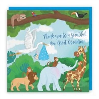 Hunts England New Baby Great Grandson Cute Thank You Card - Thank You For A Beautiful New Great Grandson - Newborn - From Grandparents - Blue - Stork Holding New Baby - Jungle Collection
