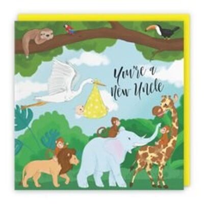 Hunts England New Uncle Congratulations New Baby Card - Stork Holding New Baby Card - Yellow - You're A New Uncle - Boy / Girl - New Niece / Nephew Card - Jungle Collection