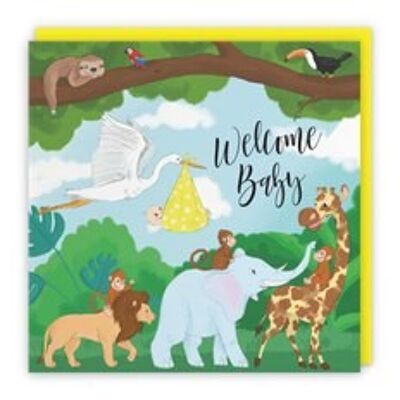 Hunts England Welcome Baby Congratulations Card - Stork Holding New Baby - Yellow - For Mum To Be / Parents To Be - Newborn - Boy / Girl - Jungle Collection
