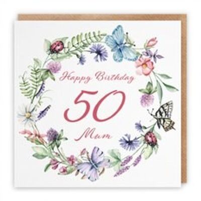 Hunts England Mum 50th Birthday Card - Happy Birthday - 50 - Mum - Meadow Collection