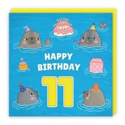 Hunts England Cute Seals Boys / Girls 11th Birthday Card - Happy Birthday - 11 - Children's / Kids Birthday Card - Seals At A Birthday Party - Ocean Collection