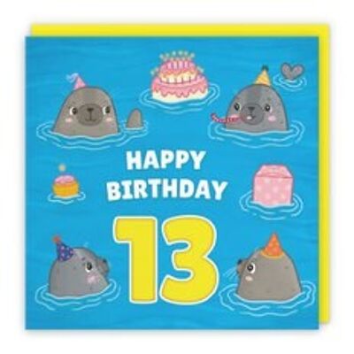 Hunts England Cute Seals Boys / Girls 13th Birthday Card - Happy Birthday - 13 - Children's / Kids Birthday Card - Seals At A Birthday Party - Ocean Collection