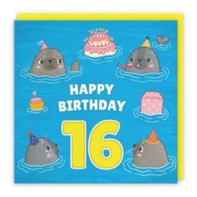 Hunts England Cute Seals Boys / Girls 16th Birthday Card - Happy Birthday - 16 - Children's / Kids Birthday Card - Seals At A Birthday Party - Ocean Collection