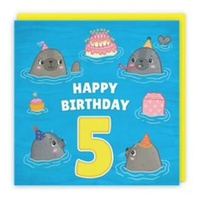 Hunts England Cute Seals Boys / Girls 5th Birthday Card - Happy Birthday - 5 - Children's / Kids Birthday Card - Seals At A Birthday Party - Ocean Collection