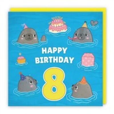 Hunts England Cute Seals Boys / Girls 8th Birthday Card - Happy Birthday - 8 - Children's / Kids Birthday Card - Seals At A Birthday Party - Ocean Collection
