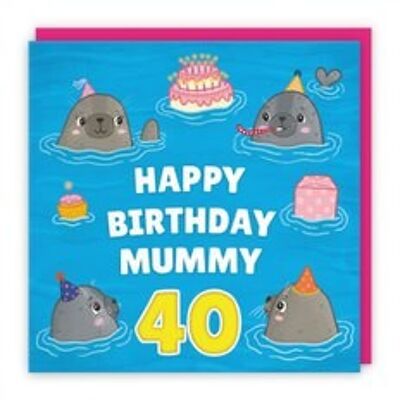 Hunts England Mummy 40th Cute Seals Birthday Card - Happy Birthday - Mummy - 40 - Seals At A Birthday Party - Ocean Collection