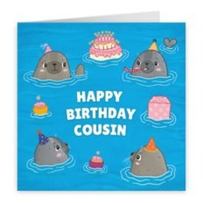 Hunts England Cousin Boys / Girls Cute Seals Birthday Card - Happy Birthday - Cousin - Children's / Kids Birthday Card - Seals At A Birthday Party - Ocean Collection
