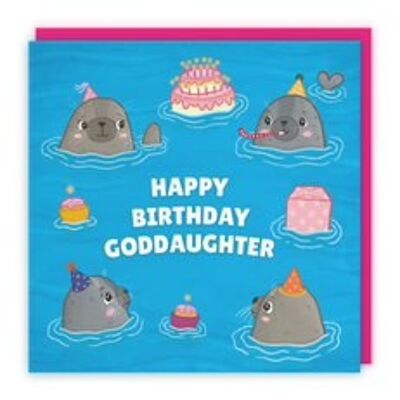 Hunts England Goddaughter Cute Seals Birthday Card - Happy Birthday - Goddaughter - Children's / Kids Birthday Card - Seals At A Birthday Party - Ocean Collection