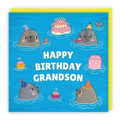 Hunts England Grandson Cute Seals Birthday Card - Happy Birthday - Grandson - Children's / Kids Birthday Card - Seals At A Birthday Party - Ocean Collection