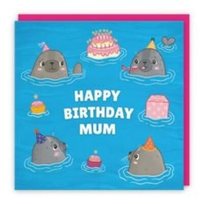 Hunts England Mum Cute Seals Birthday Card - Happy Birthday - Mum - Children's / Kids Birthday Card - Seals At A Birthday Party - Ocean Collection