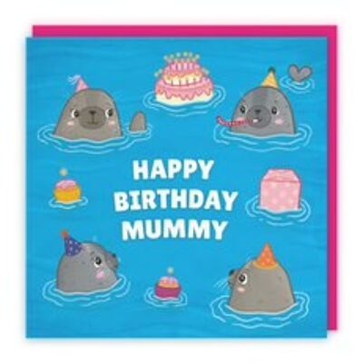 Hunts England Mummy Cute Seals Birthday Card - Happy Birthday - Mummy - Children's / Kids Birthday Card - Seals At A Birthday Party - Ocean Collection