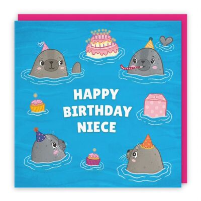 Hunts England Niece Cute Seals Birthday Card - Happy Birthday - Niece - Children's / Kids Birthday Card - Seals At A Birthday Party - Ocean Collection