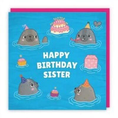 Hunts England Sister Cute Seals Birthday Card - Happy Birthday - Sister - Children's / Kids Birthday Card - Seals At A Birthday Party - Ocean Collection
