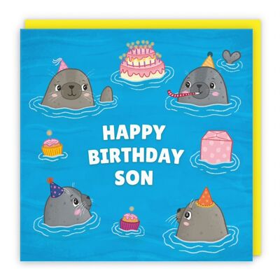 Hunts England Son Cute Seals Birthday Card - Happy Birthday - Son - Children's / Kids Birthday Card - Seals At A Birthday Party - Ocean Collection