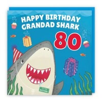 Hunts England Grandad 80th Cute Shark Birthday Card - Happy Birthday - Grandad Shark - 80 - Ocean Collection
