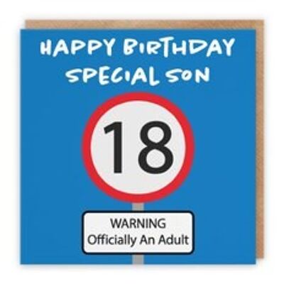 Hunts England Son 18th Birthday Card - Happy Birthday - Special Son - Warning Officially An Adult - Road Sign Collection