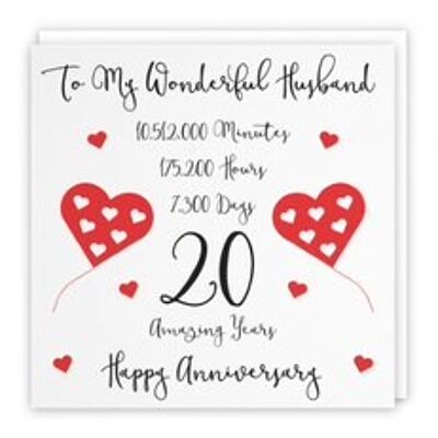 Hunts England Romantic Husband 20th Wedding Anniversary Card - To My Wonderful Husband - 20 Amazing Years - Timeless Collection