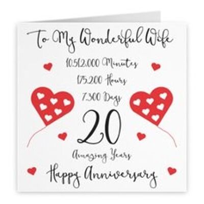 Hunts England Romantic Wife 20th Wedding Anniversary Card - To My Wonderful Wife - 20 Amazing Years - Timeless Collection