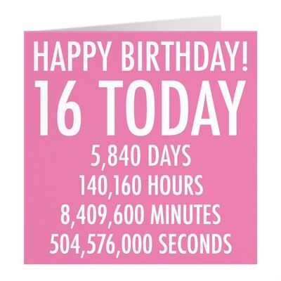 Funny 16th Birthday Card - Pink - Happy Birthday - 16 Today - Numbers Collection - For Daughter, Sister, Friend, Cousin, Niece, etc.