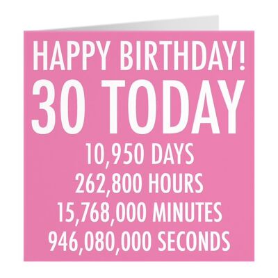 Funny 30th Birthday Card - Pink - Happy Birthday - 30 Today - Numbers Collection - For Her, Female, Daughter, Friend, Sister, Auntie, Mum, etc.
