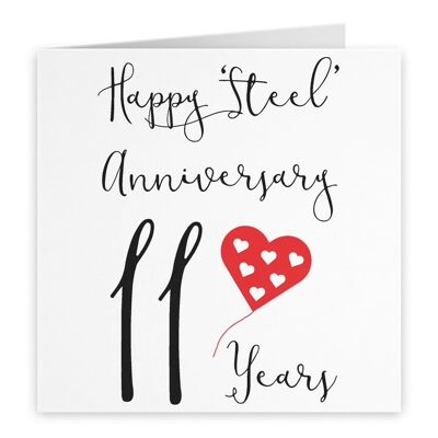 11th Wedding Anniversary Card - Happy 'Steel' Anniversary - 11 Years - by Hunts England - Red Heart Collection