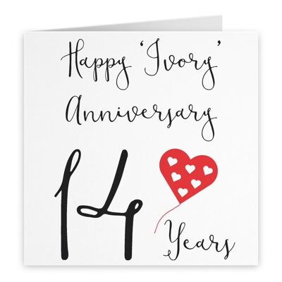 14th Wedding Anniversary Card - Happy 'Ivory' Anniversary - 14 Years - by Hunts England - Red Heart Collection