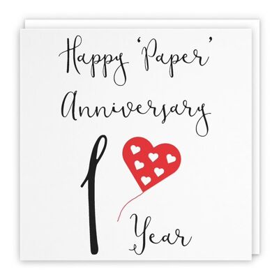 1st Wedding Anniversary Card - Happy 'Paper' Anniversary - 1 Year - by Hunts England - Red Heart Collection