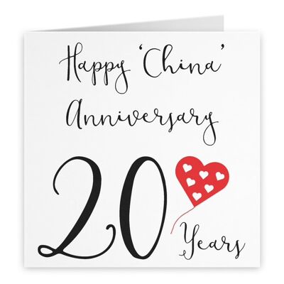 20th Wedding Anniversary Card - Happy 'China' Anniversary - 20 Years - by Hunts England - Red Heart Collection