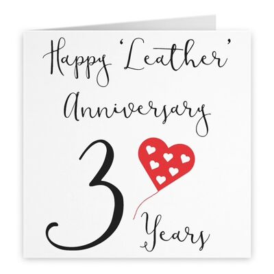 3rd Wedding Anniversary Card - Happy 'Leather' Anniversary - 3 Years - by Hunts England - Red Heart Collection